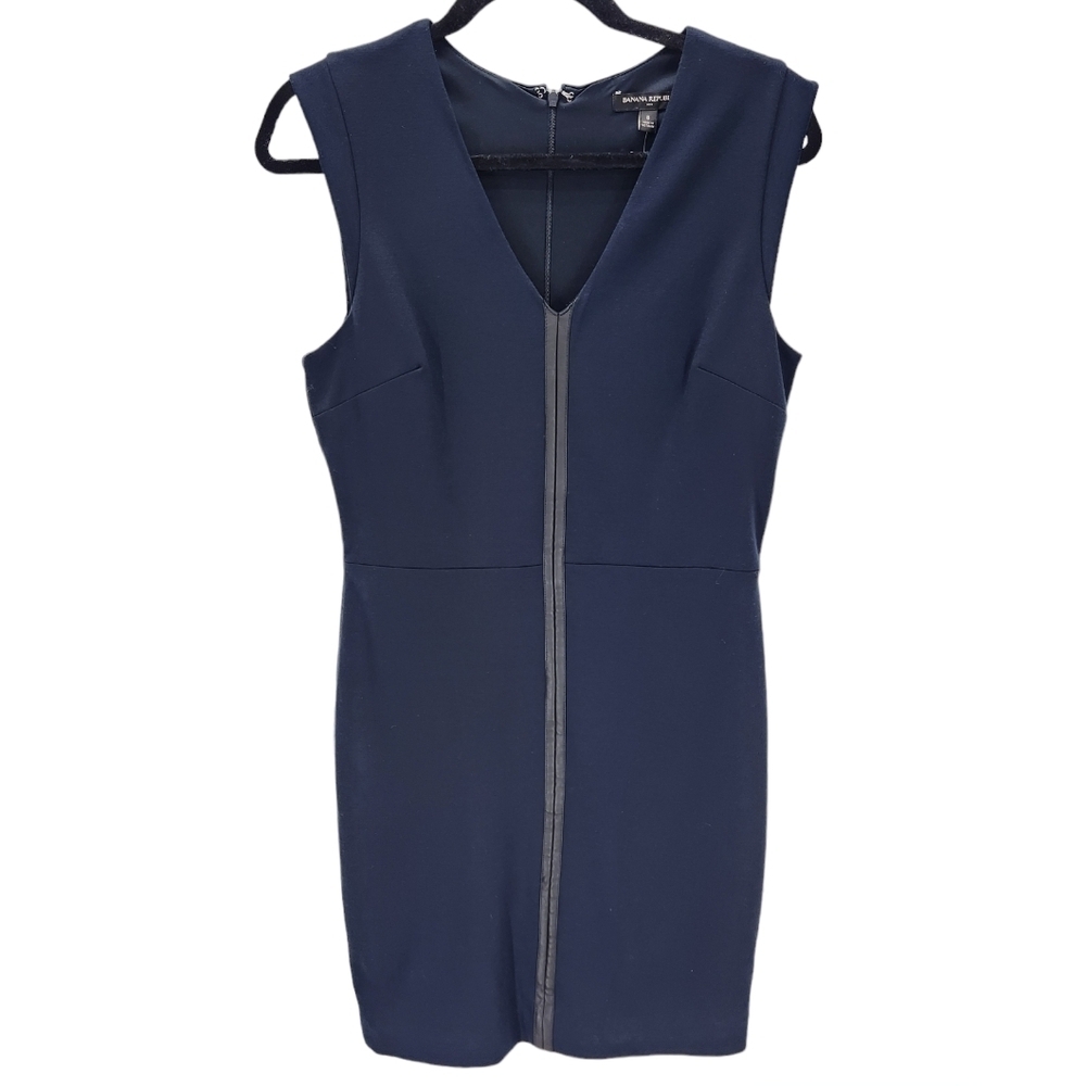 Banana Republic Sleeveless Sheath Dress Womens 8 Navy Blue Faux Leather Trim